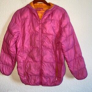 Triple star down feather puffer girls jacket coat winter ziphoodie large Pink
